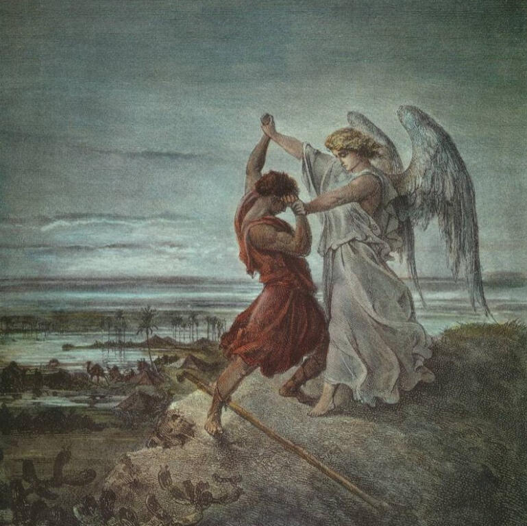 Gustave Dore's painting titled "Jacob Wrestling with the Angel." Image courtesy of Wikimedia Commons.